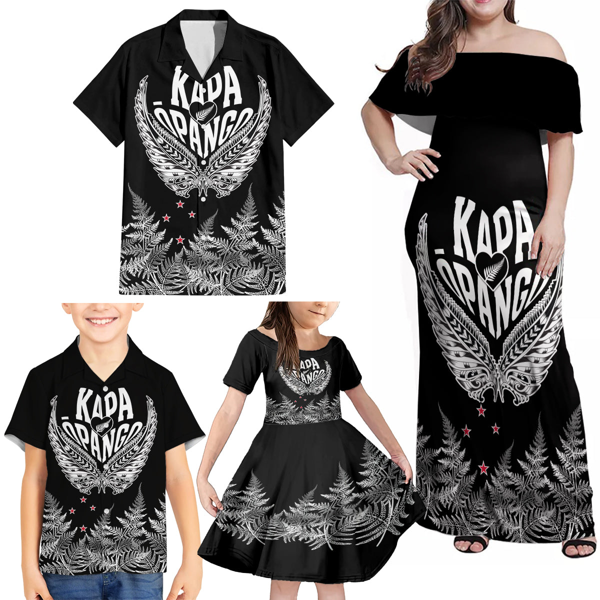 Custom New Zealand Rugby Family Matching Off Shoulder Maxi Dress and Hawaiian Shirt NZ Opango Forever Silver Fern Heart LT01 - Polynesian Pride