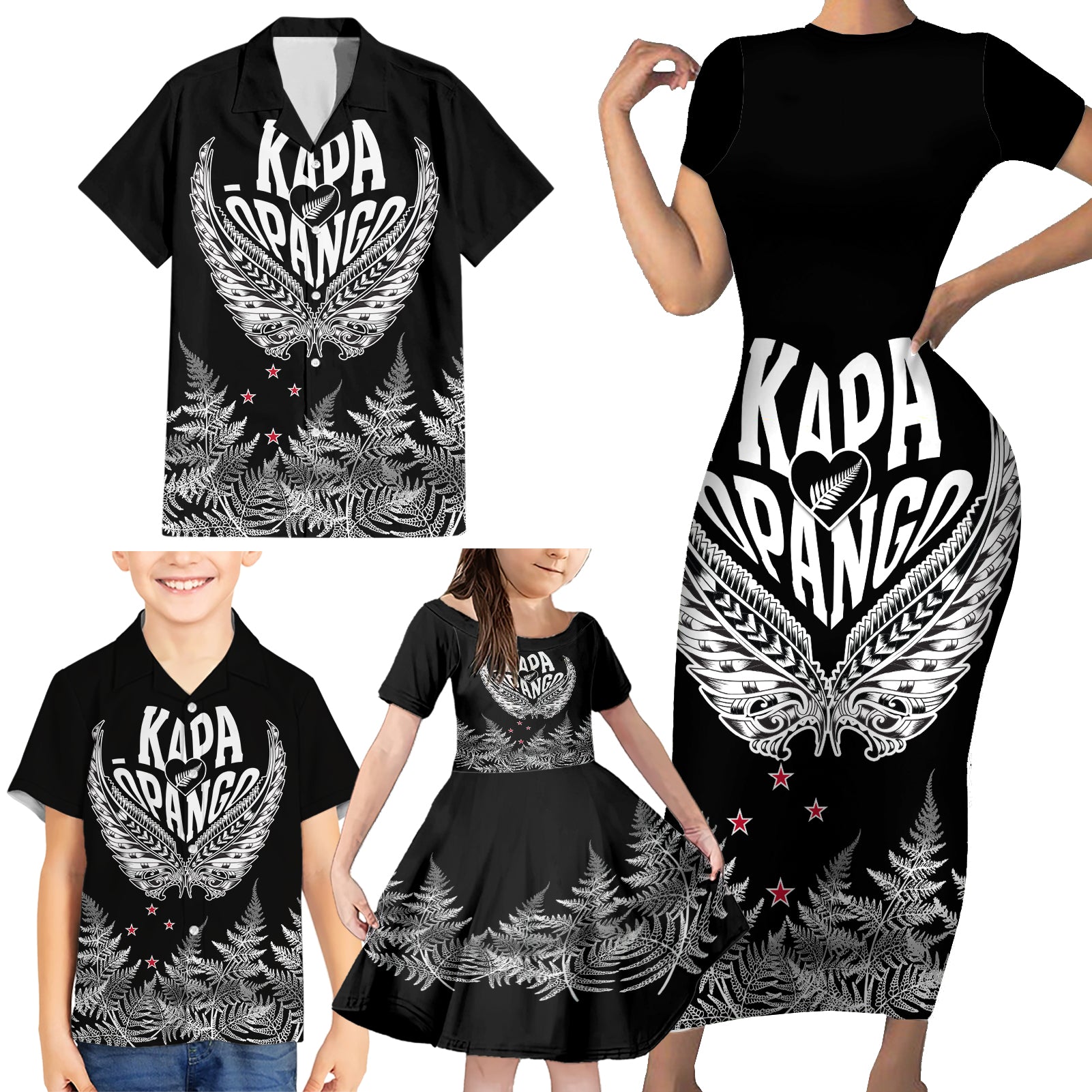 Custom New Zealand Rugby Family Matching Short Sleeve Bodycon Dress and Hawaiian Shirt NZ Opango Forever Silver Fern Heart LT01 - Polynesian Pride