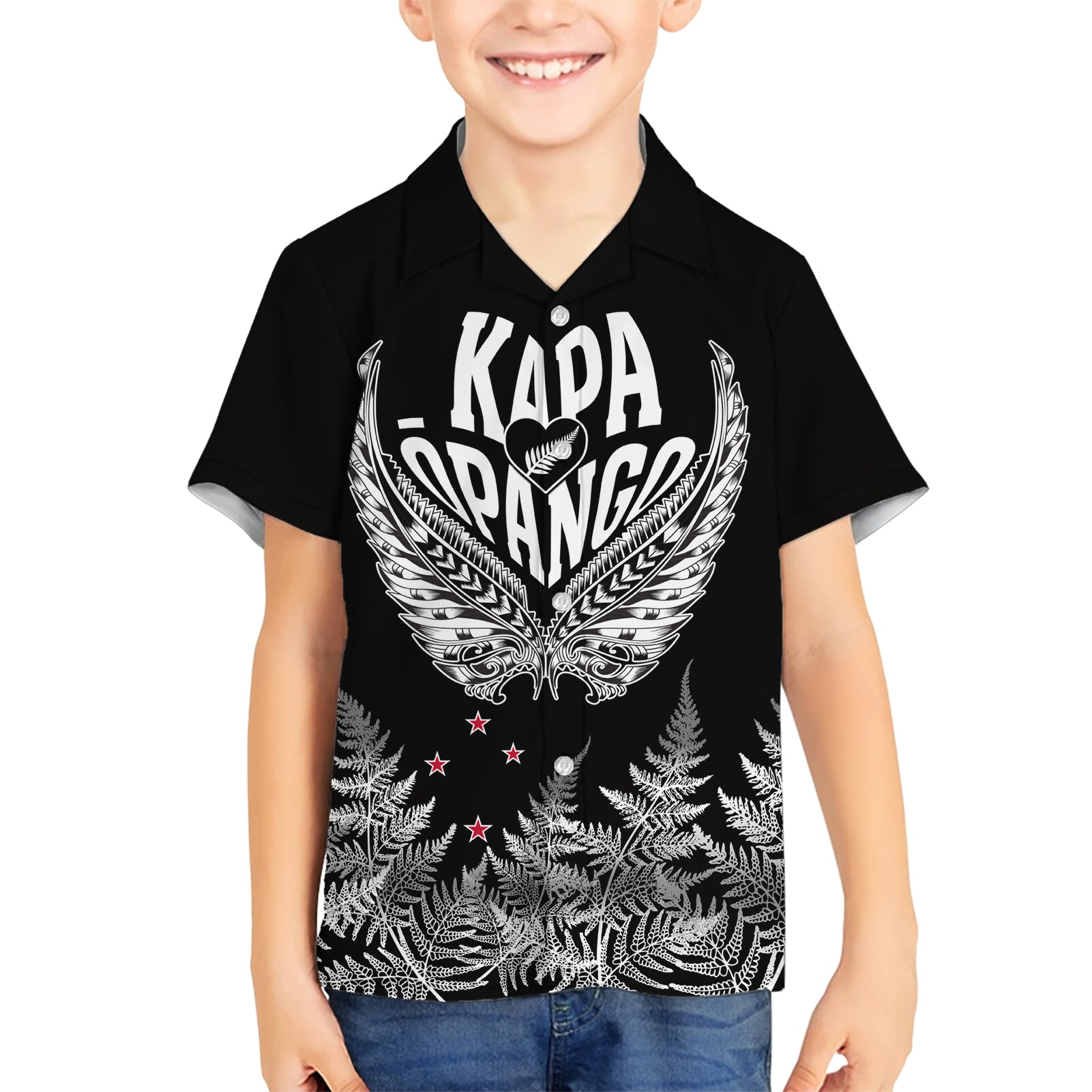 Custom New Zealand Rugby Kid Hawaiian Shirt NZ Opango Forever Silver Fern Heart LT01 Kid Black - Polynesian Pride