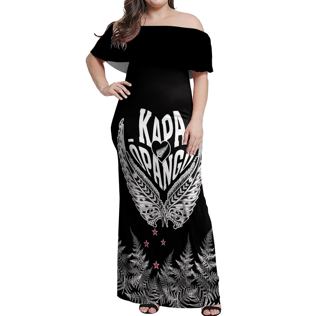 Custom New Zealand Rugby Off Shoulder Maxi Dress NZ Opango Forever Silver Fern Heart LT01 Women Black - Polynesian Pride