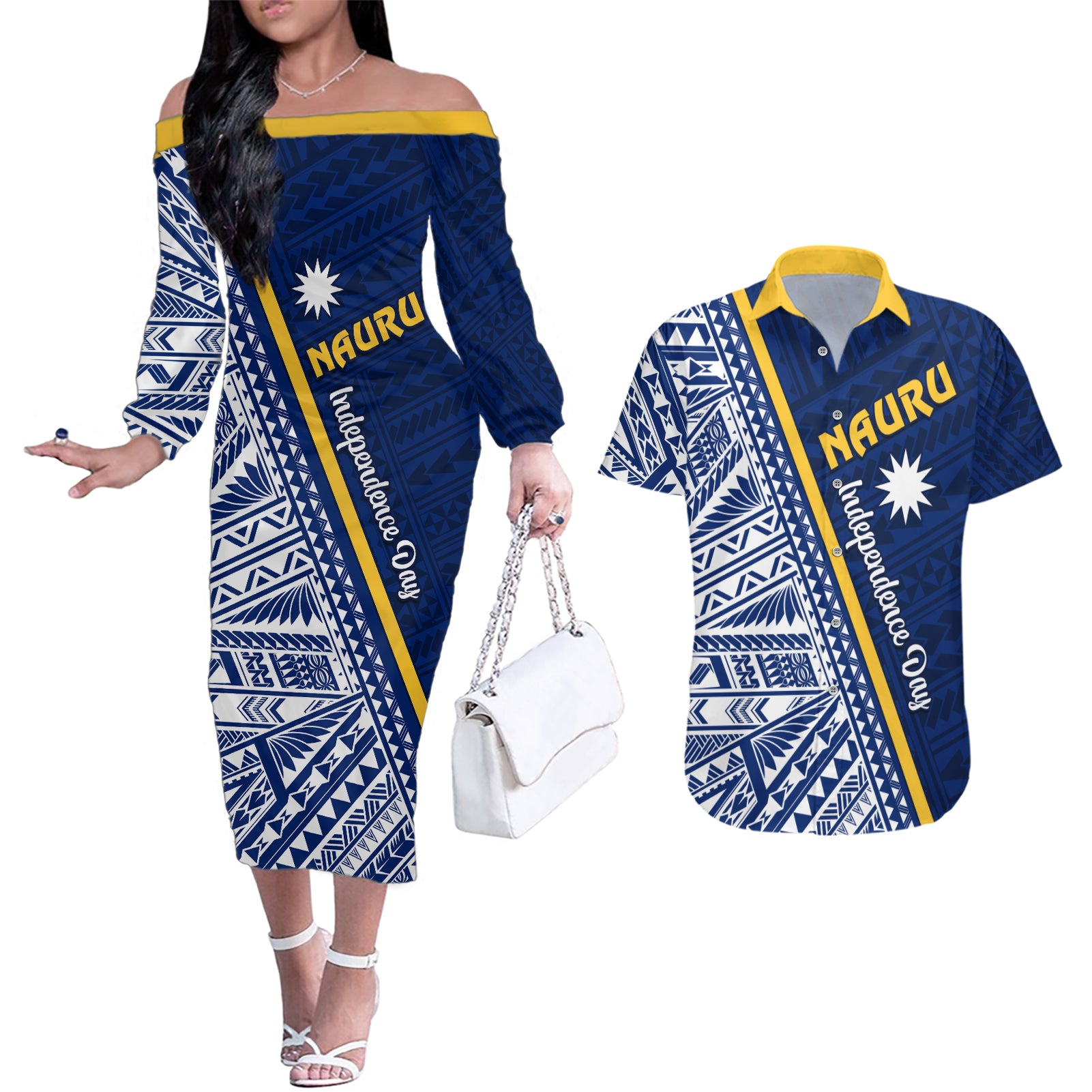 Nauru Independence Day Couples Matching Off The Shoulder Long Sleeve Dress and Hawaiian Shirt Repubrikin Naoero Gods Will First LT01 Blue - Polynesian Pride