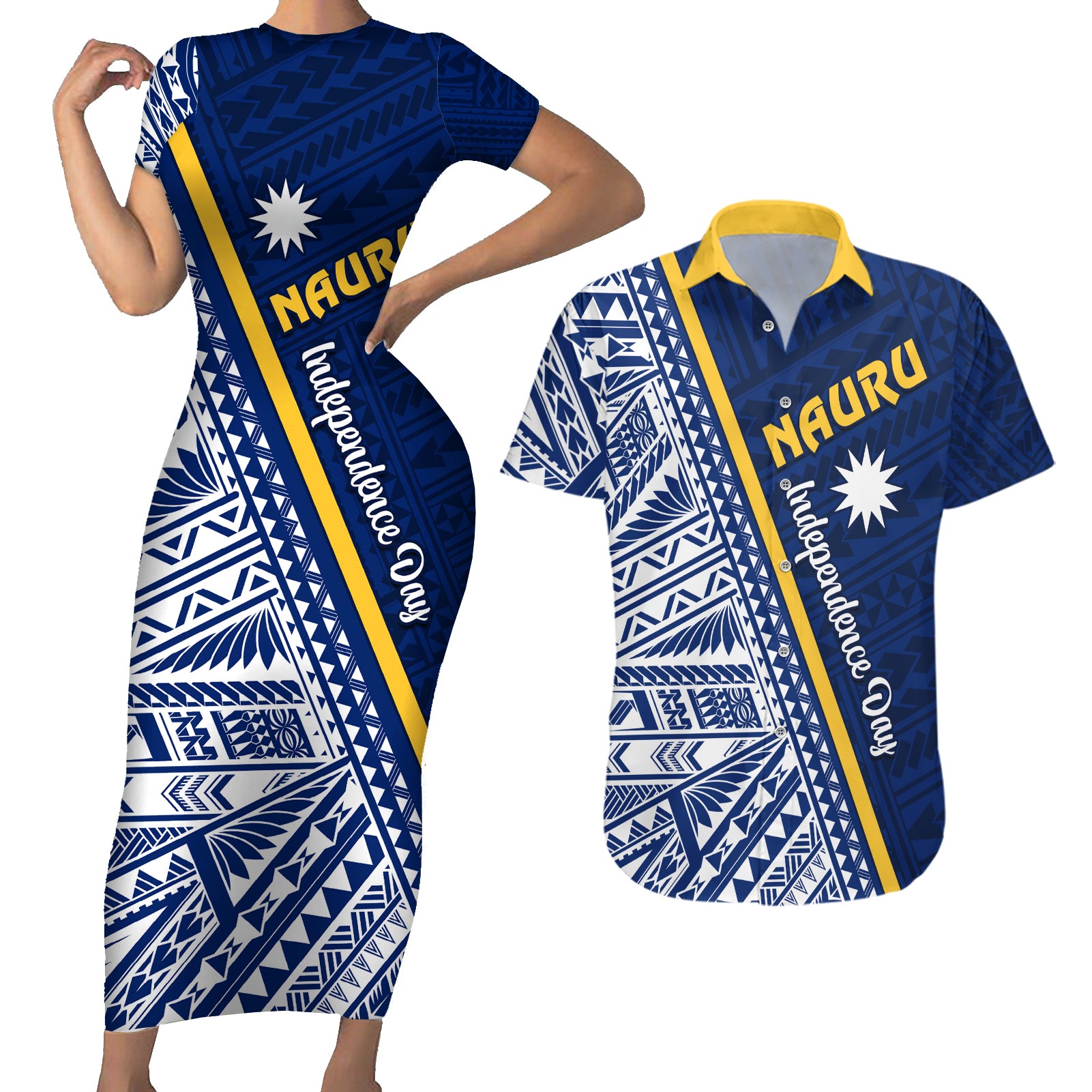 Nauru Independence Day Couples Matching Short Sleeve Bodycon Dress and Hawaiian Shirt Repubrikin Naoero Gods Will First LT01 Blue - Polynesian Pride