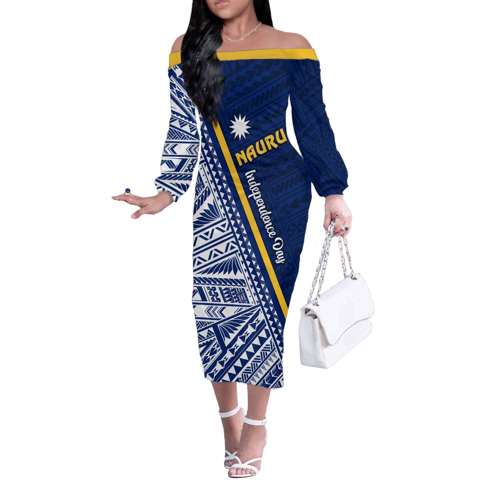 Nauru Independence Day Off The Shoulder Long Sleeve Dress Repubrikin Naoero Gods Will First LT01 Women Blue - Polynesian Pride