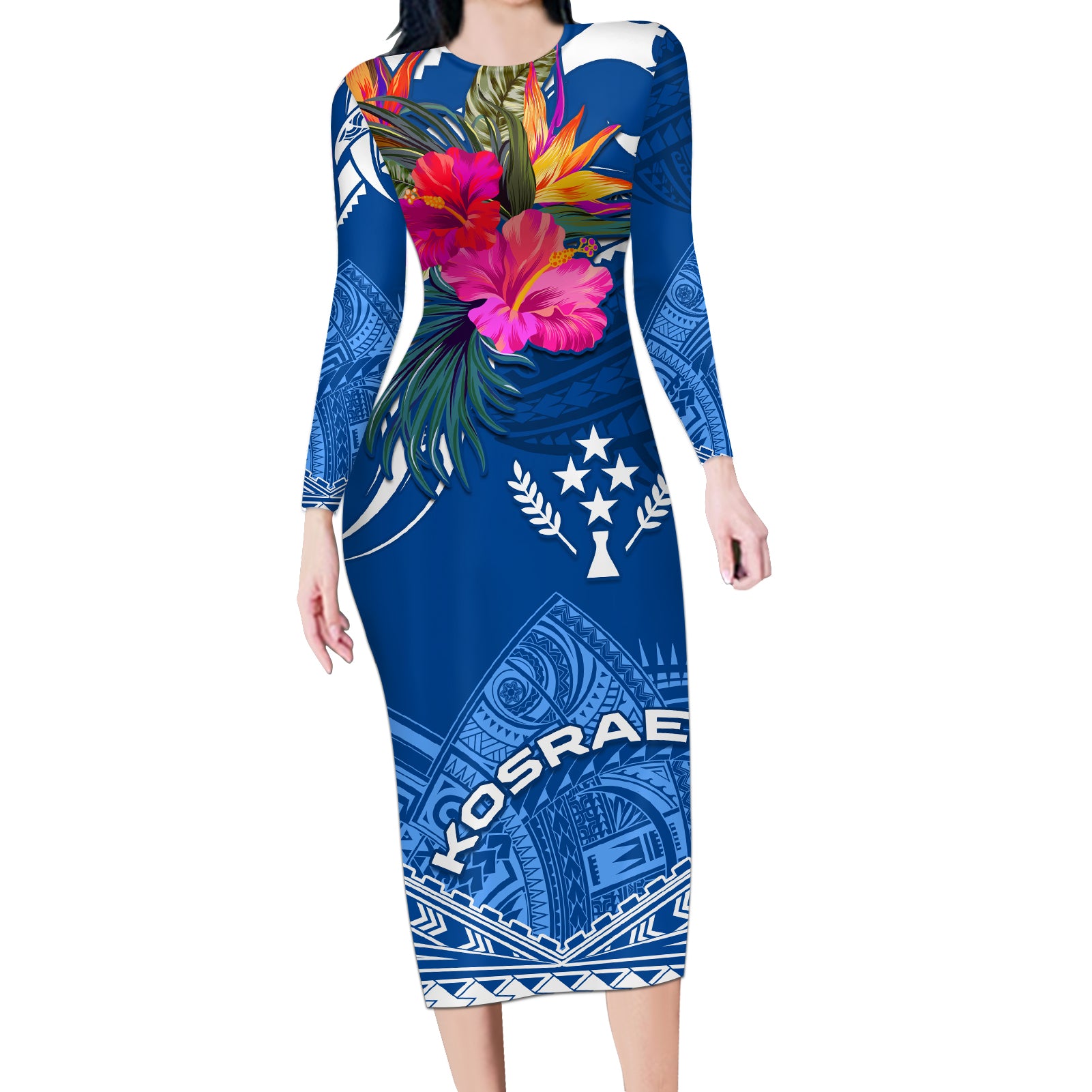 Kosrae Constitution Day Long Sleeve Bodycon Dress Kusaie Special Style LT01 Long Dress Blue - Polynesian Pride