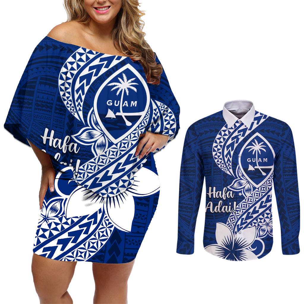 Hafa Adai Guam Couples Matching Off Shoulder Short Dress and Long Sleeve Button Shirt Polynesian Floral Blue Pattern LT01 Blue - Polynesian Pride