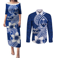 Hafa Adai Guam Couples Matching Puletasi Dress and Long Sleeve Button Shirt Polynesian Floral Blue Pattern LT01 Blue - Polynesian Pride