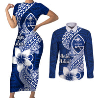 Hafa Adai Guam Couples Matching Short Sleeve Bodycon Dress and Long Sleeve Button Shirt Polynesian Floral Blue Pattern LT01 Blue - Polynesian Pride