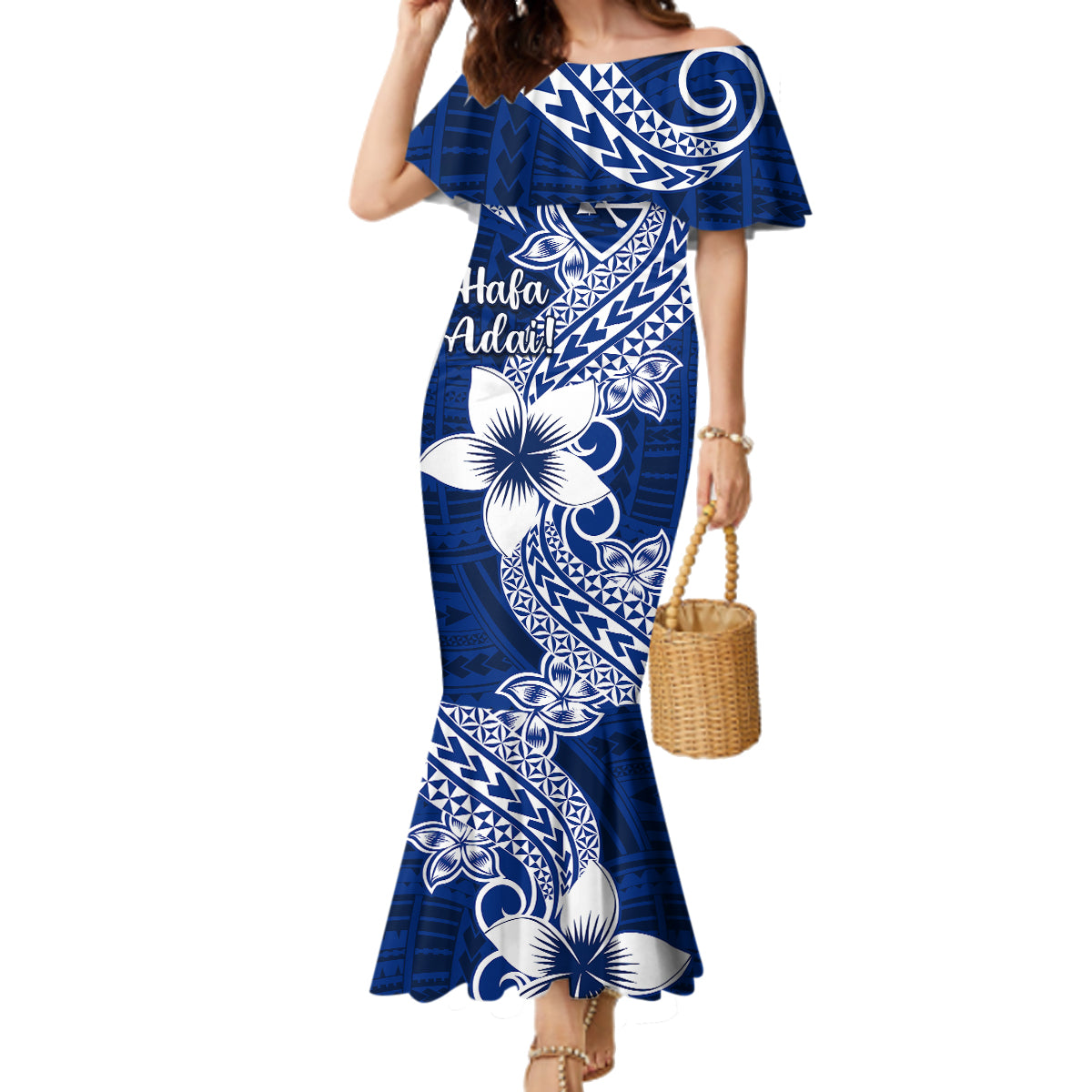 Hafa Adai Guam Family Matching Mermaid Dress and Hawaiian Shirt Polynesian Floral Blue Pattern LT01 Mom's Dress Blue - Polynesian Pride