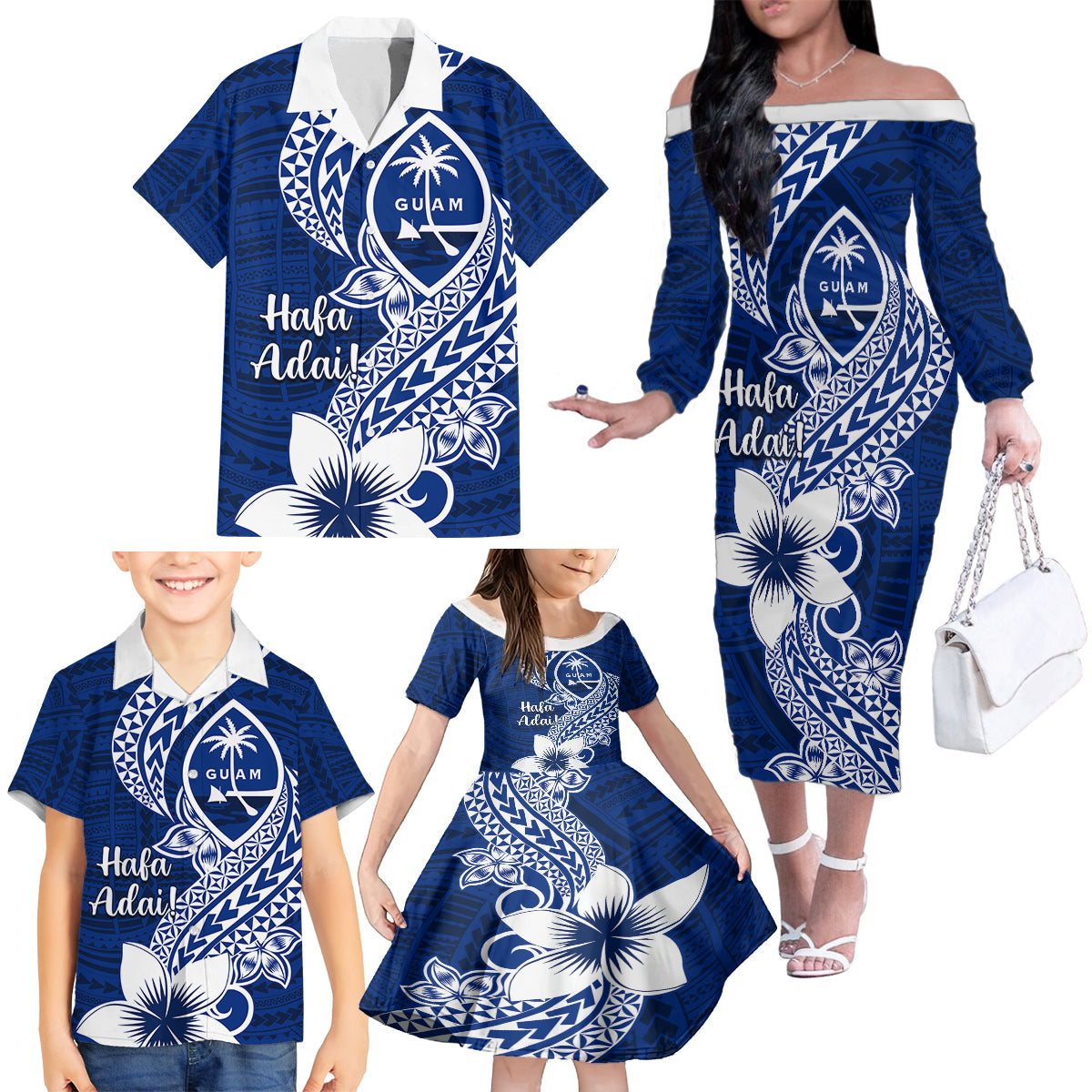 Hafa Adai Guam Family Matching Off Shoulder Long Sleeve Dress and Hawaiian Shirt Polynesian Floral Blue Pattern LT01 - Polynesian Pride