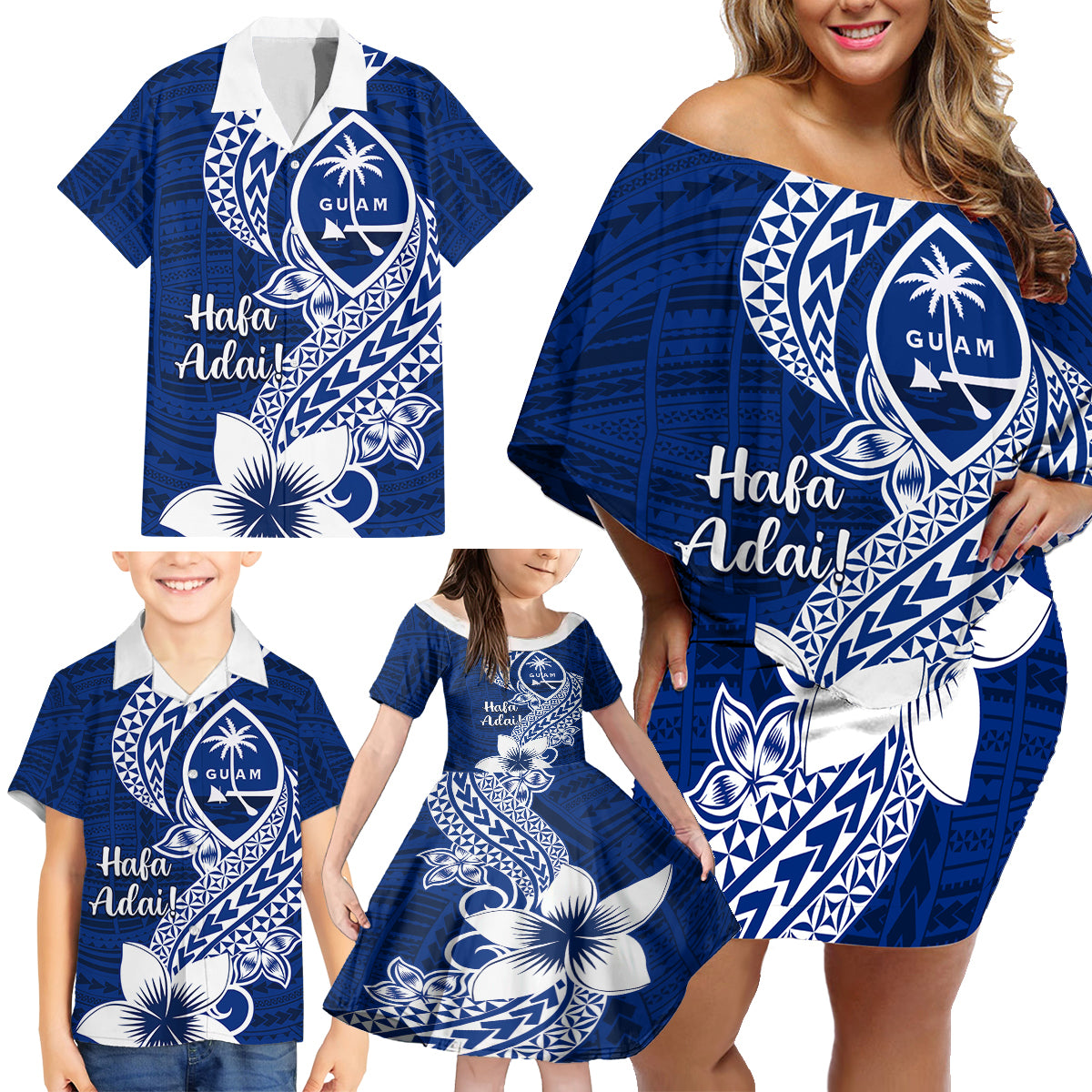 Hafa Adai Guam Family Matching Off Shoulder Short Dress and Hawaiian Shirt Polynesian Floral Blue Pattern LT01