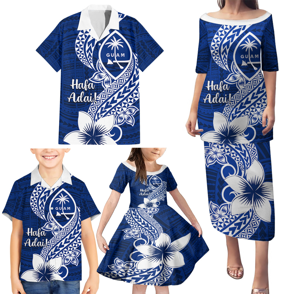 Hafa Adai Guam Family Matching Puletasi Dress and Hawaiian Shirt Polynesian Floral Blue Pattern LT01 - Polynesian Pride