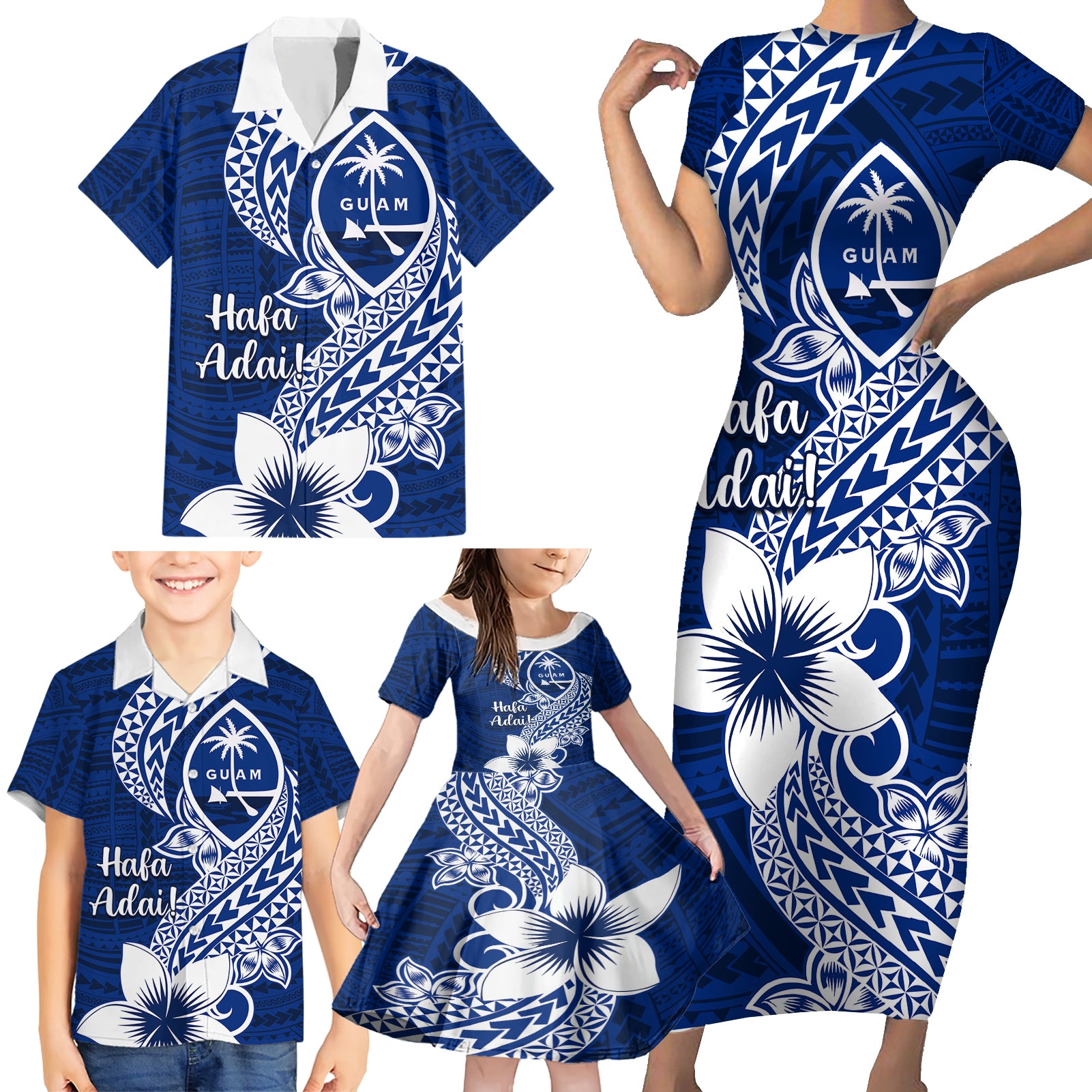 Hafa Adai Guam Family Matching Short Sleeve Bodycon Dress and Hawaiian Shirt Polynesian Floral Blue Pattern LT01 - Polynesian Pride