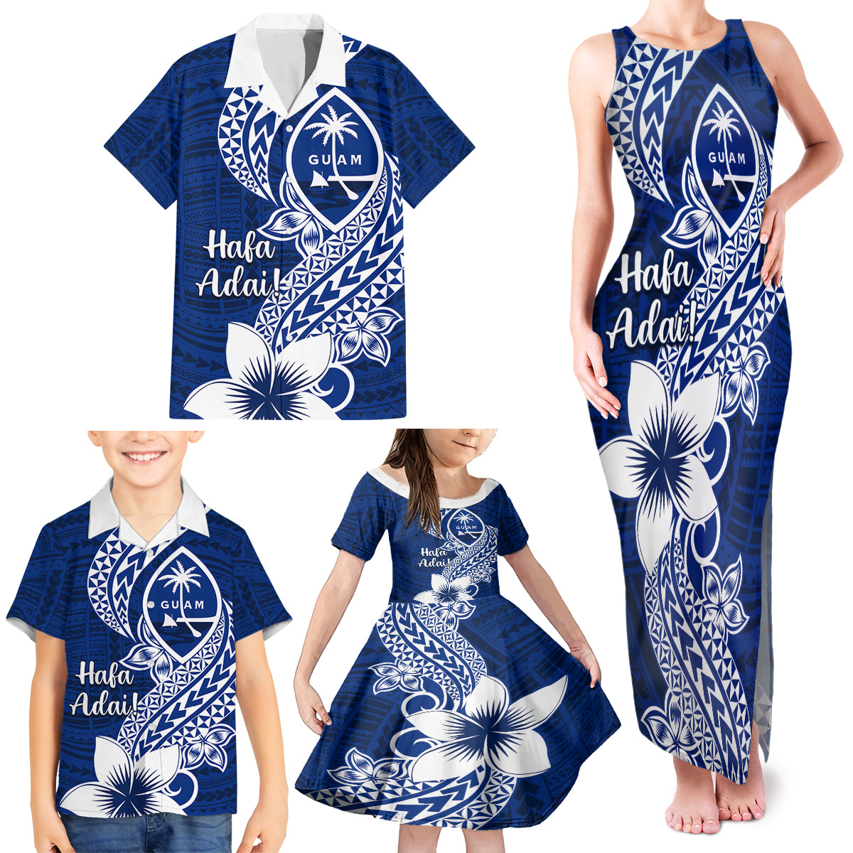 Hafa Adai Guam Family Matching Tank Maxi Dress and Hawaiian Shirt Polynesian Floral Blue Pattern LT01 - Polynesian Pride