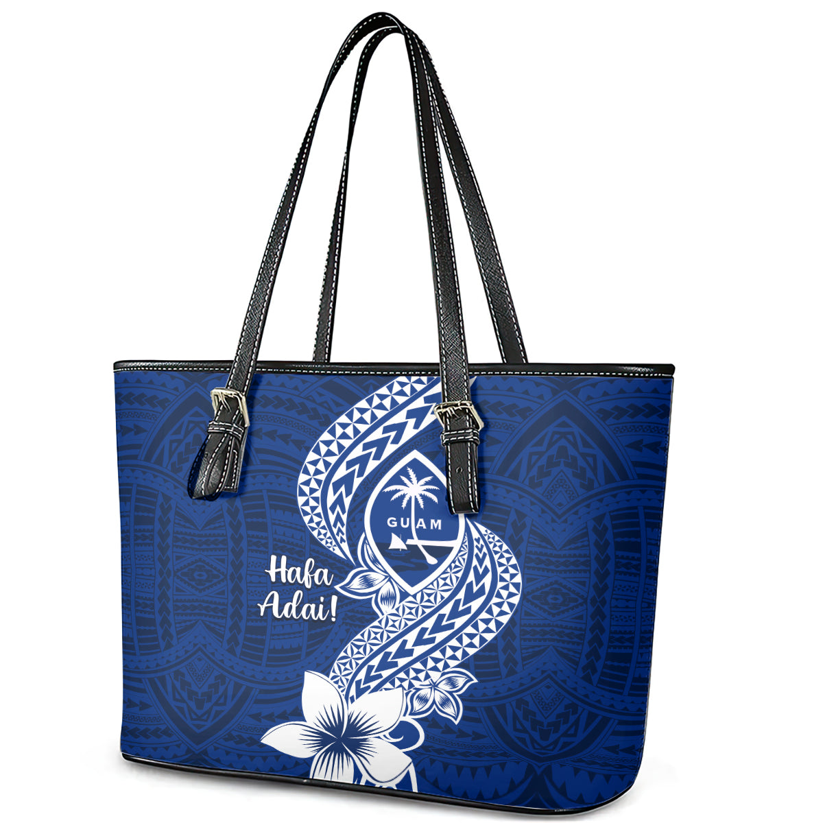 Hafa Adai Guam Leather Tote Bag Polynesian Floral Blue Pattern LT01 - Polynesian Pride