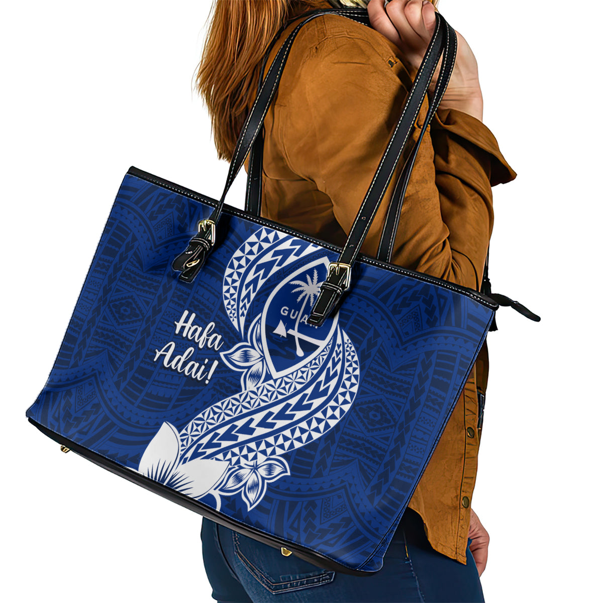 Hafa Adai Guam Leather Tote Bag Polynesian Floral Blue Pattern LT01 - Polynesian Pride