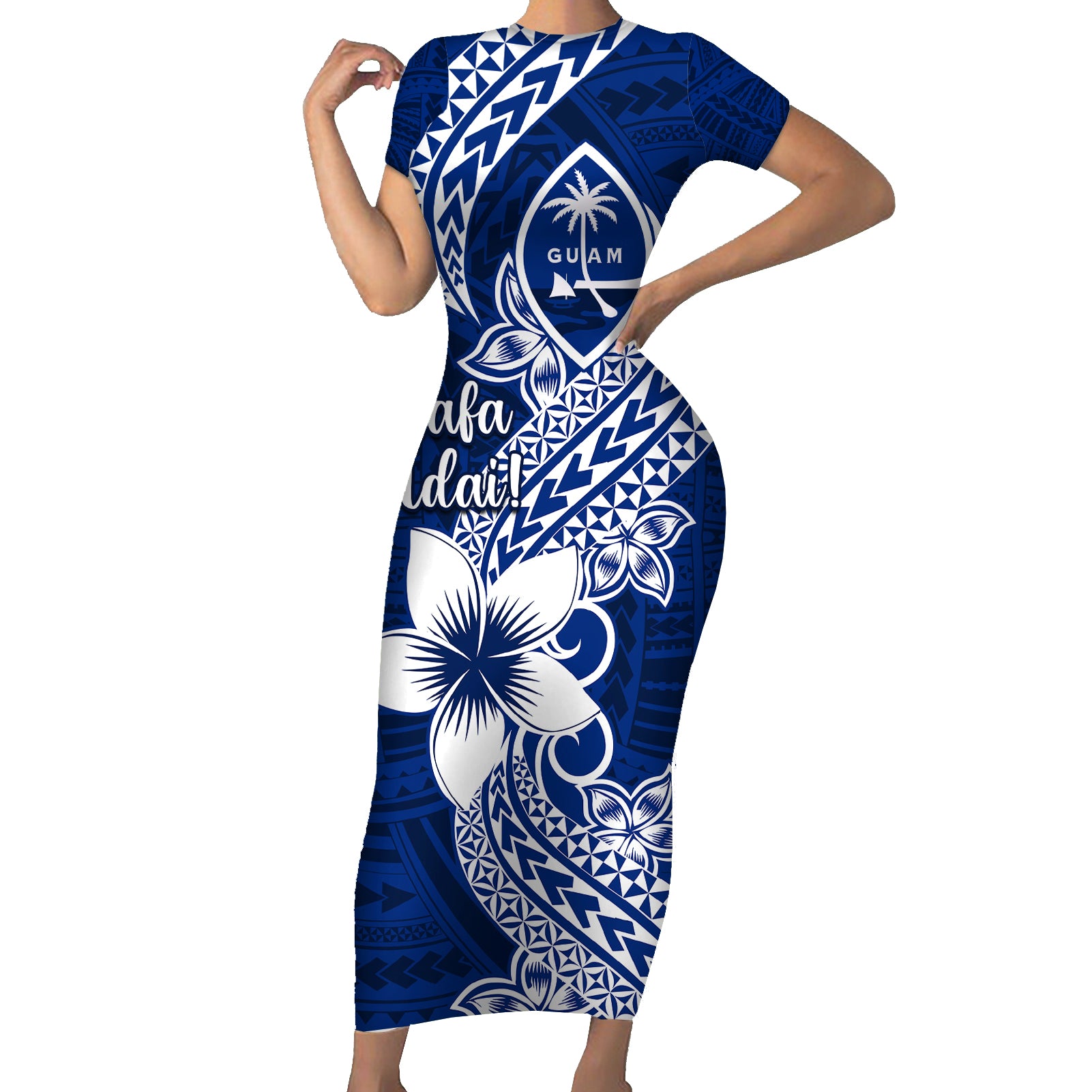 Hafa Adai Guam Short Sleeve Bodycon Dress Polynesian Floral Blue Pattern LT01 Long Dress Blue - Polynesian Pride