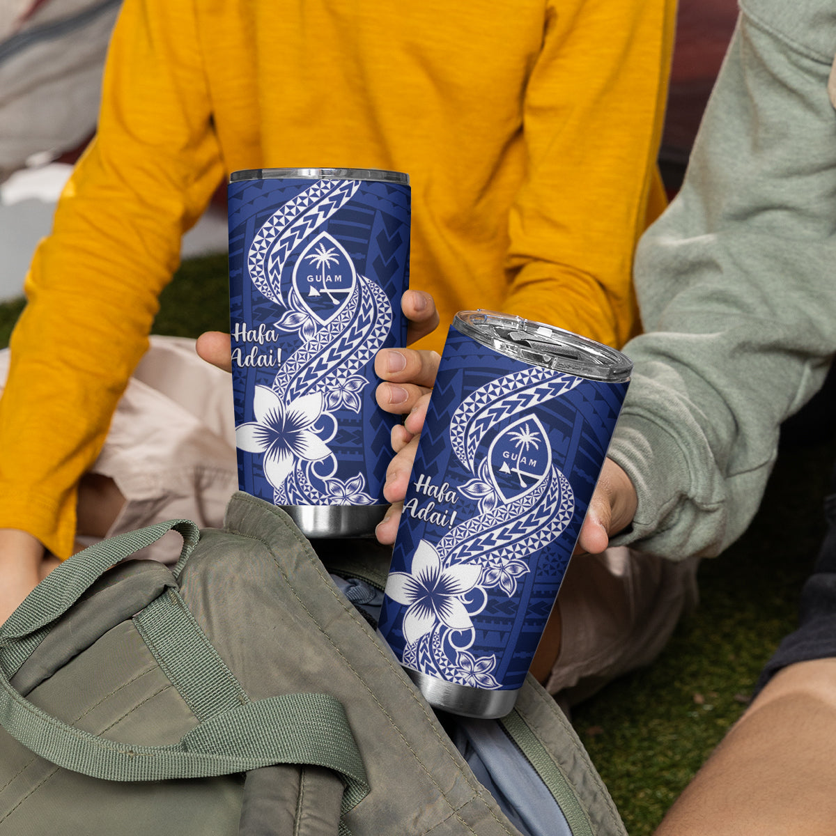 Hafa Adai Guam Tumbler Cup Polynesian Floral Blue Pattern