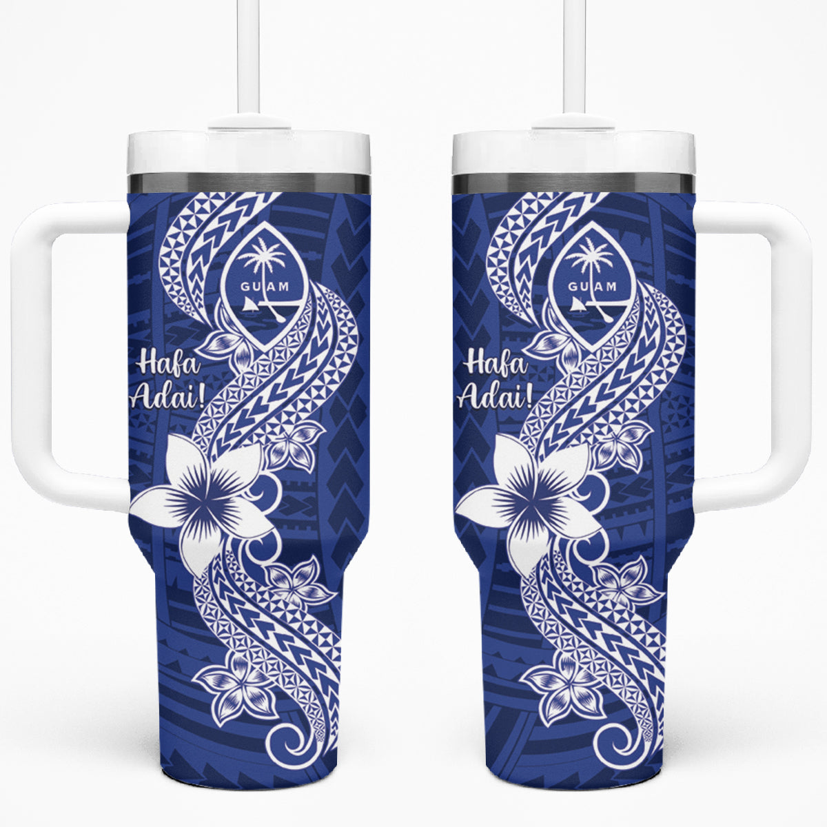 Hafa Adai Guam Tumbler With Handle Polynesian Floral Blue Pattern