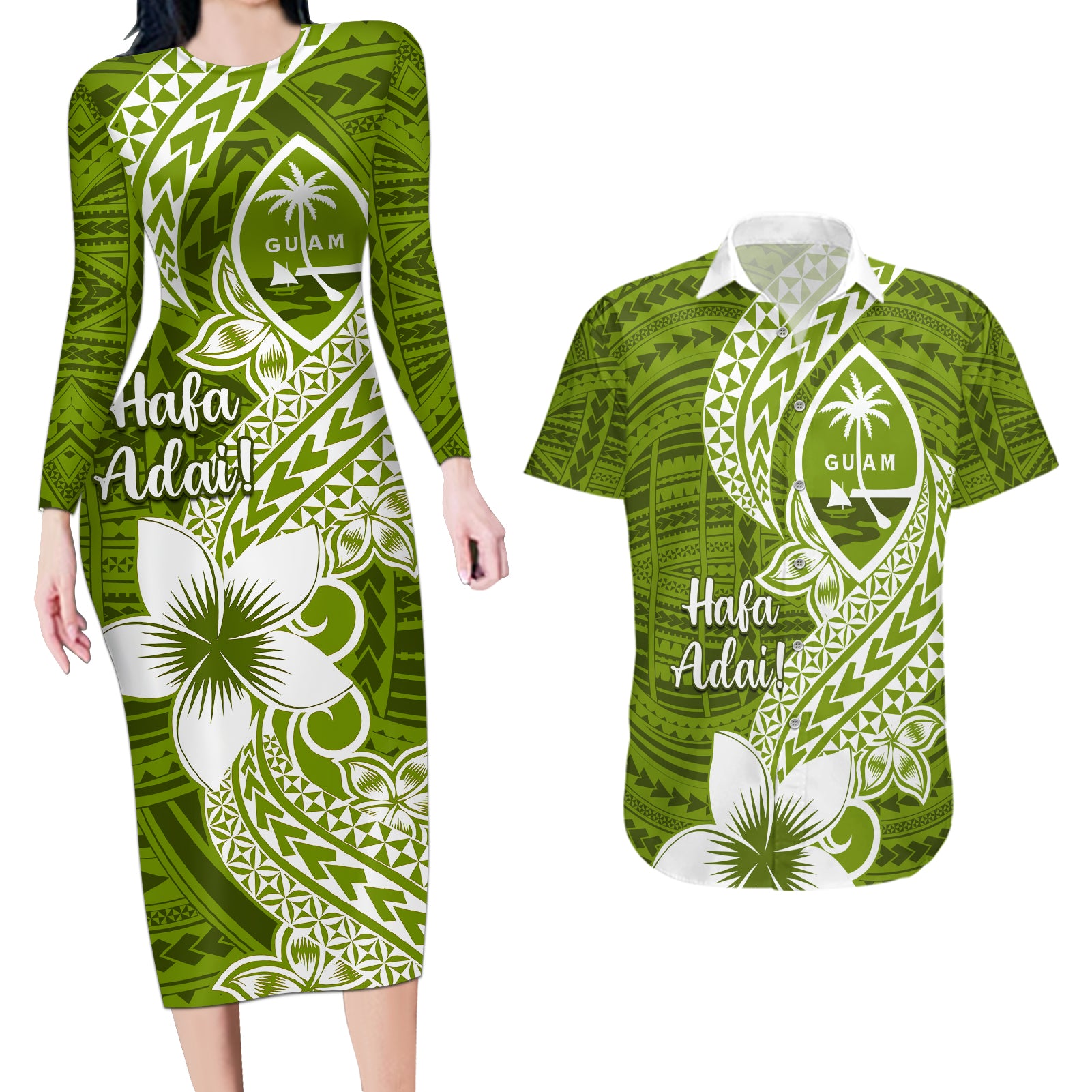 Hafa Adai Guam Couples Matching Long Sleeve Bodycon Dress and Hawaiian Shirt Polynesian Olive Green Blue Pattern LT01 Green - Polynesian Pride