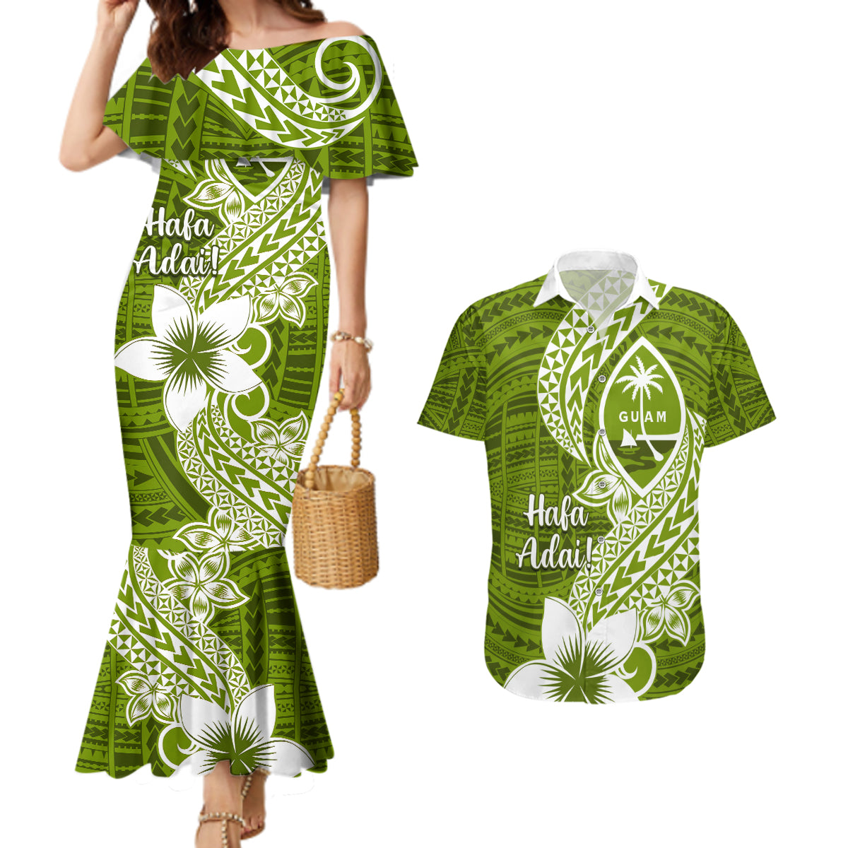 Hafa Adai Guam Couples Matching Mermaid Dress and Hawaiian Shirt Polynesian Olive Green Blue Pattern LT01 Green - Polynesian Pride
