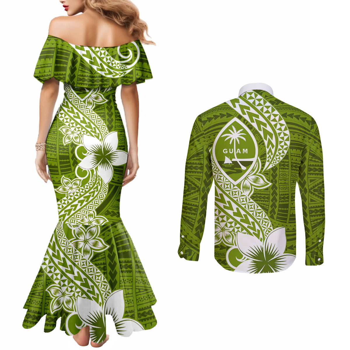 Hafa Adai Guam Couples Matching Mermaid Dress and Long Sleeve Button Shirt Polynesian Olive Green Blue Pattern LT01 - Polynesian Pride