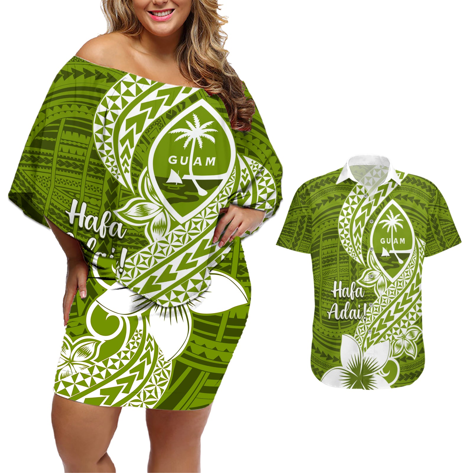 Hafa Adai Guam Couples Matching Off Shoulder Short Dress and Hawaiian Shirt Polynesian Olive Green Blue Pattern LT01 Green - Polynesian Pride