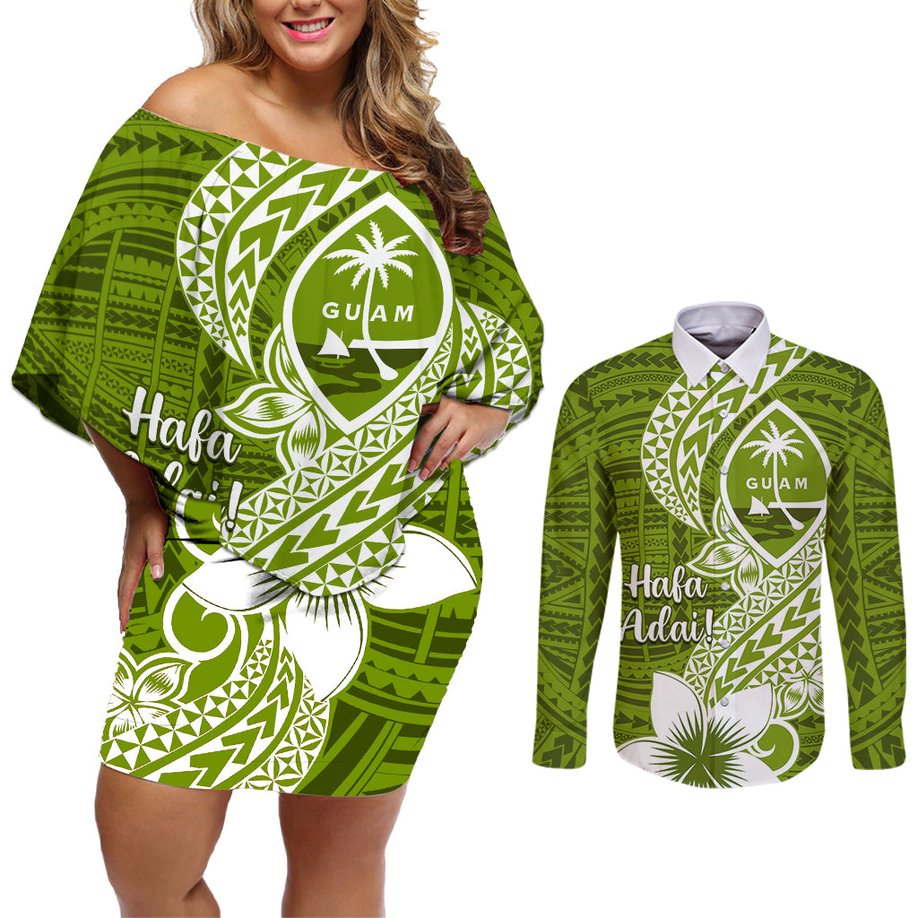 Hafa Adai Guam Couples Matching Off Shoulder Short Dress and Long Sleeve Button Shirt Polynesian Olive Green Blue Pattern LT01 Green - Polynesian Pride