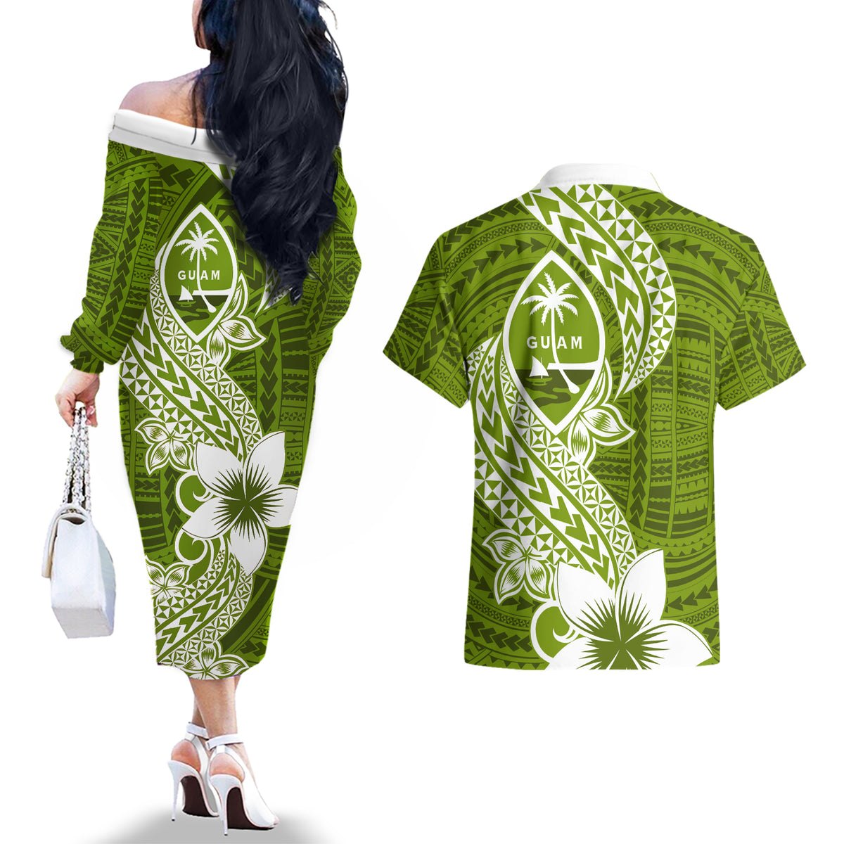 Hafa Adai Guam Couples Matching Off The Shoulder Long Sleeve Dress and Hawaiian Shirt Polynesian Olive Green Blue Pattern LT01 - Polynesian Pride