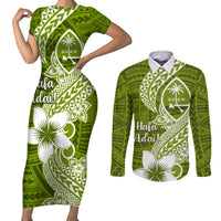 Hafa Adai Guam Couples Matching Short Sleeve Bodycon Dress and Long Sleeve Button Shirt Polynesian Olive Green Blue Pattern LT01 Green - Polynesian Pride