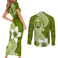 Hafa Adai Guam Couples Matching Short Sleeve Bodycon Dress and Long Sleeve Button Shirt Polynesian Olive Green Blue Pattern LT01 - Polynesian Pride