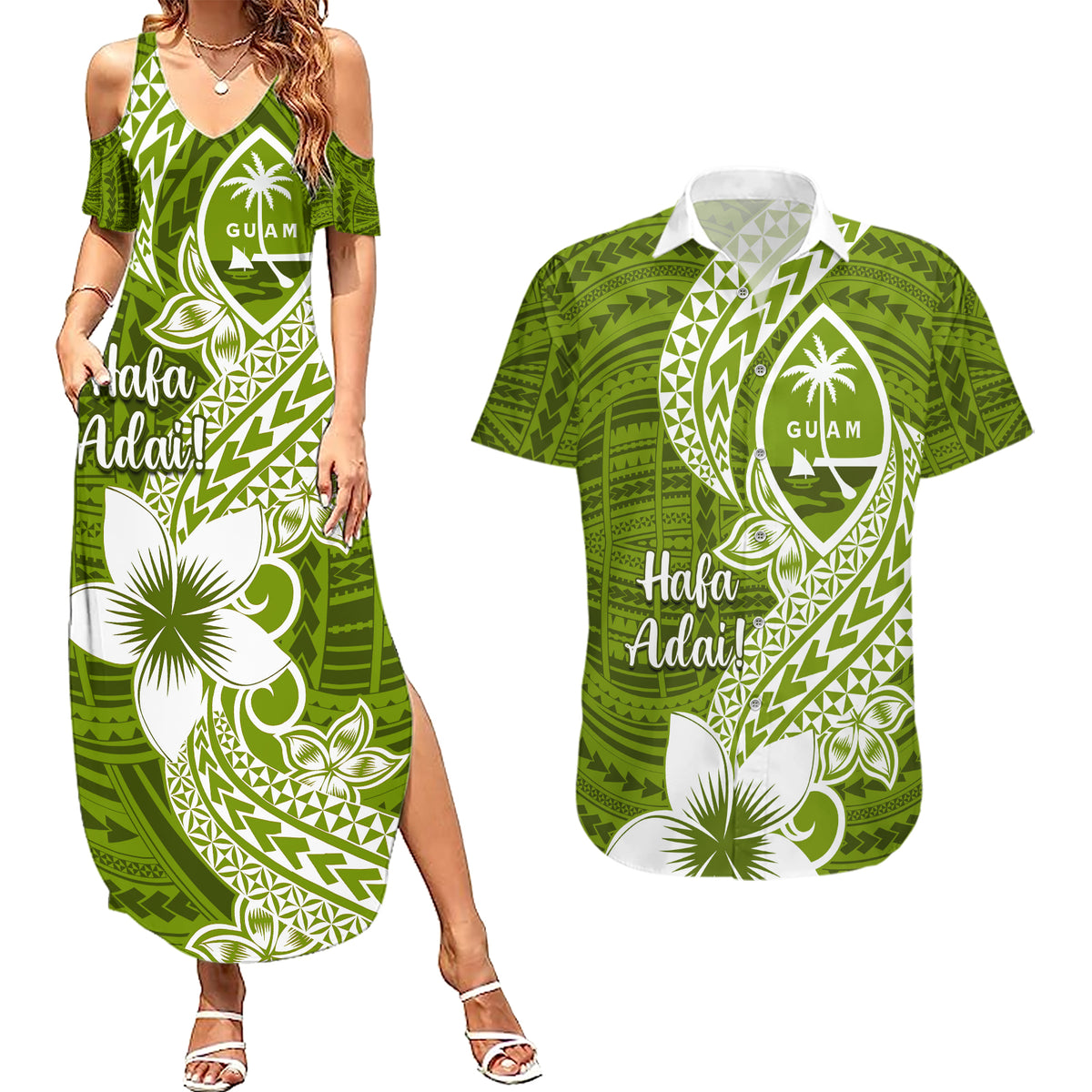 Hafa Adai Guam Couples Matching Summer Maxi Dress and Hawaiian Shirt Polynesian Olive Green Blue Pattern LT01 Green - Polynesian Pride