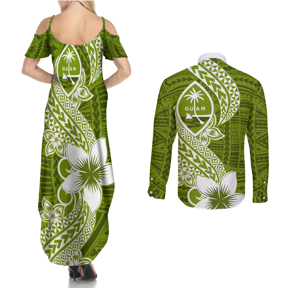 Hafa Adai Guam Couples Matching Summer Maxi Dress and Long Sleeve Button Shirt Polynesian Olive Green Blue Pattern LT01 - Polynesian Pride