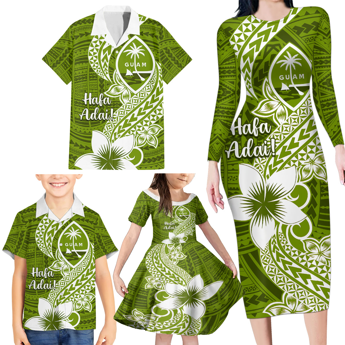 Hafa Adai Guam Family Matching Long Sleeve Bodycon Dress and Hawaiian Shirt Polynesian Olive Green Blue Pattern LT01 - Polynesian Pride