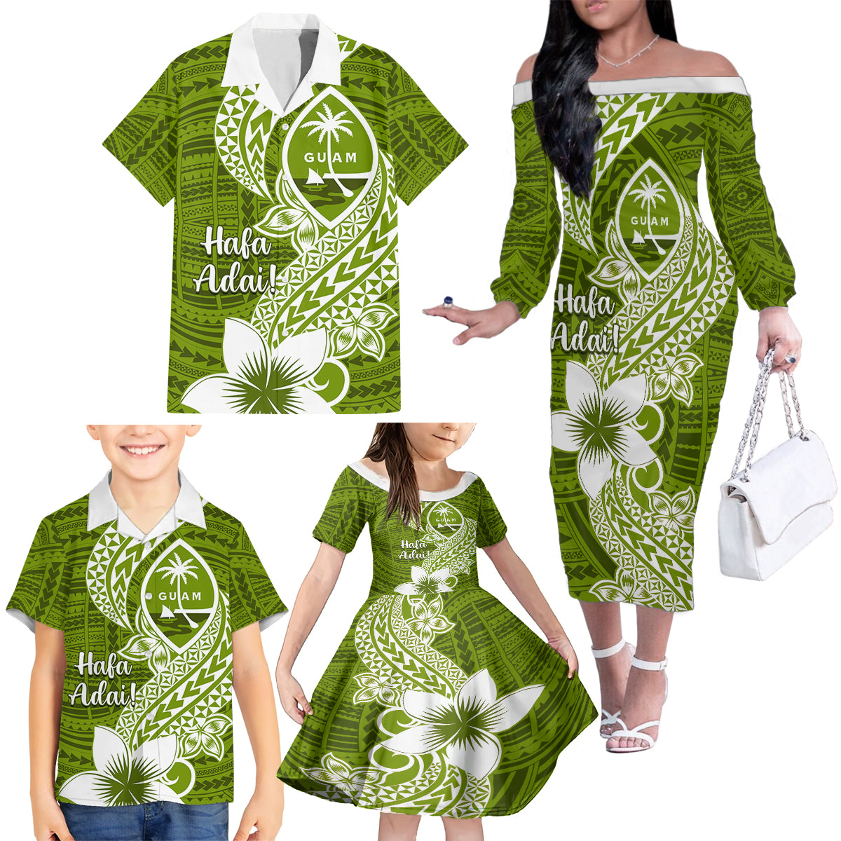 Hafa Adai Guam Family Matching Off Shoulder Long Sleeve Dress and Hawaiian Shirt Polynesian Olive Green Blue Pattern LT01 - Polynesian Pride