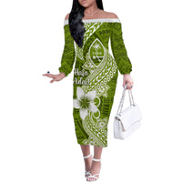 Hafa Adai Guam Family Matching Off Shoulder Long Sleeve Dress and Hawaiian Shirt Polynesian Olive Green Blue Pattern LT01 Mom's Dress Green - Polynesian Pride