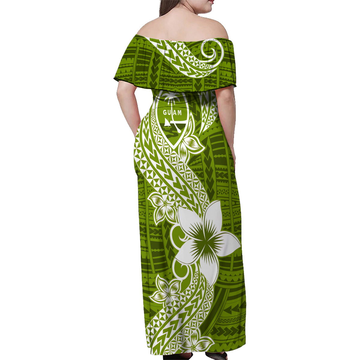 Hafa Adai Guam Family Matching Off Shoulder Maxi Dress and Hawaiian Shirt Polynesian Olive Green Blue Pattern LT01 - Polynesian Pride