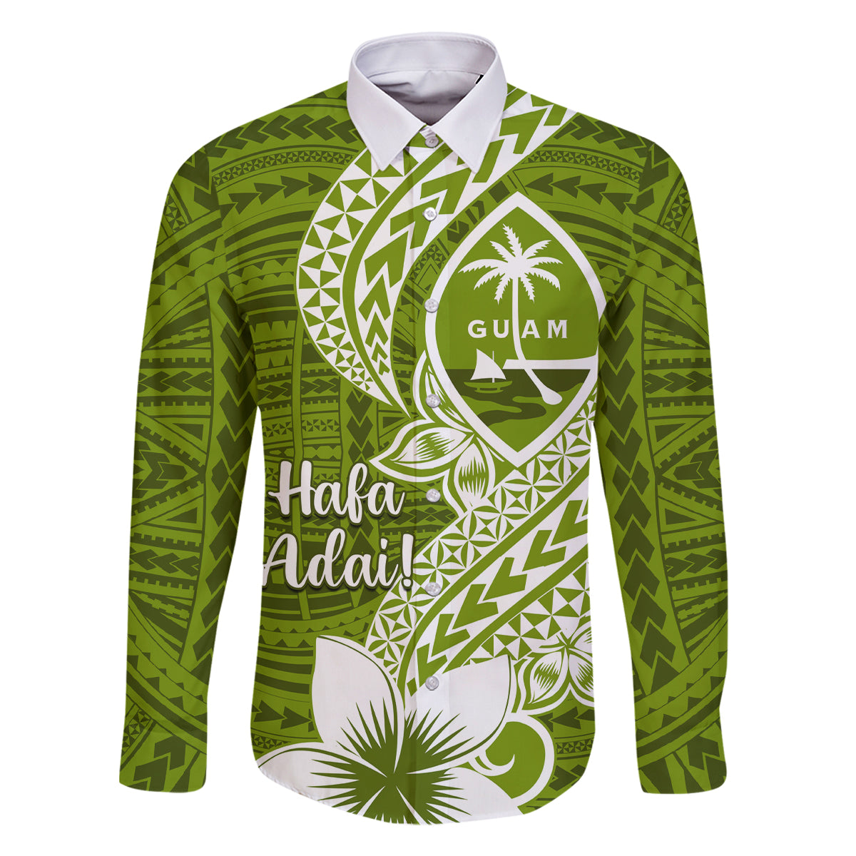 Hafa Adai Guam Family Matching Off Shoulder Short Dress and Hawaiian Shirt Polynesian Olive Green Blue Pattern LT01 Dad's Shirt - Long Sleeve Green - Polynesian Pride