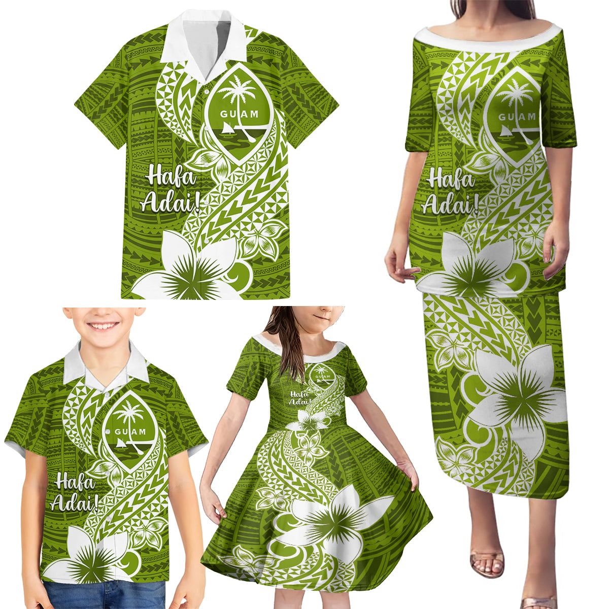 Hafa Adai Guam Family Matching Puletasi Dress and Hawaiian Shirt Polynesian Olive Green Blue Pattern LT01 - Polynesian Pride