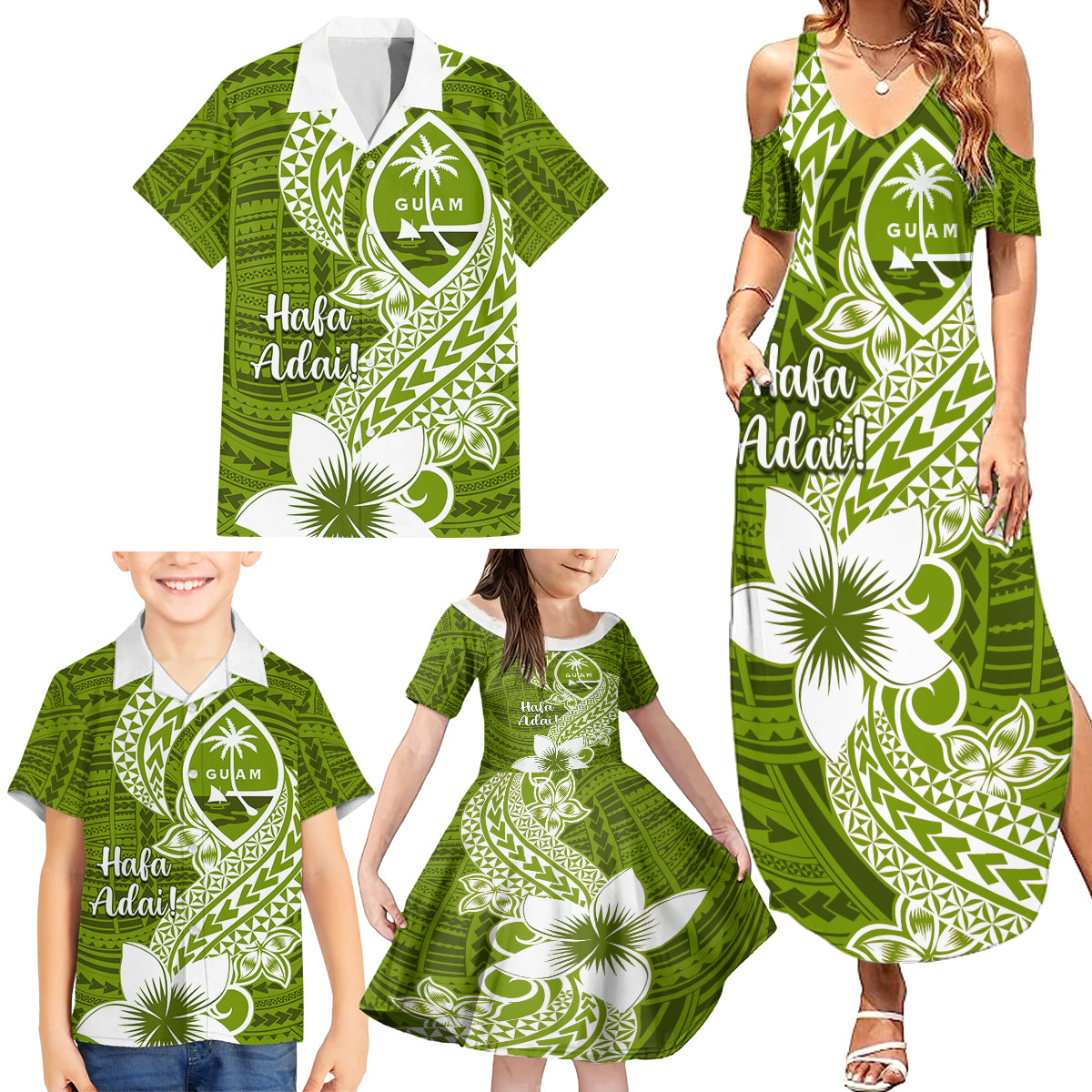 Hafa Adai Guam Family Matching Summer Maxi Dress and Hawaiian Shirt Polynesian Olive Green Blue Pattern LT01 - Polynesian Pride