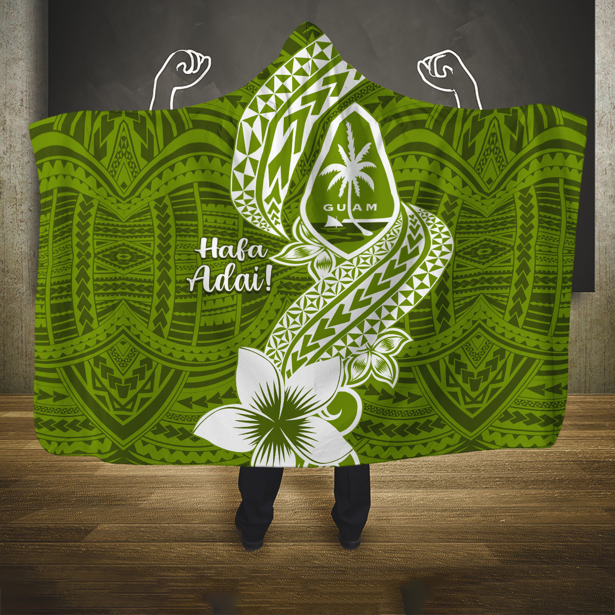 Hafa Adai Guam Hooded Blanket Polynesian Olive Green Blue Pattern LT01 One Size Green - Polynesian Pride