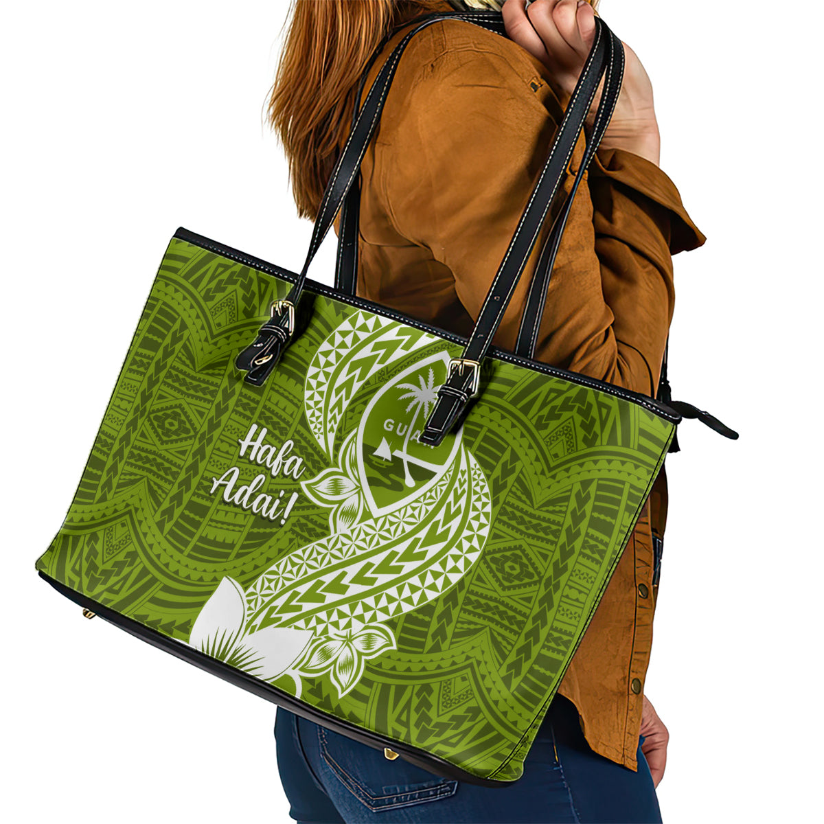 Hafa Adai Guam Leather Tote Bag Polynesian Olive Green Blue Pattern LT01 - Polynesian Pride