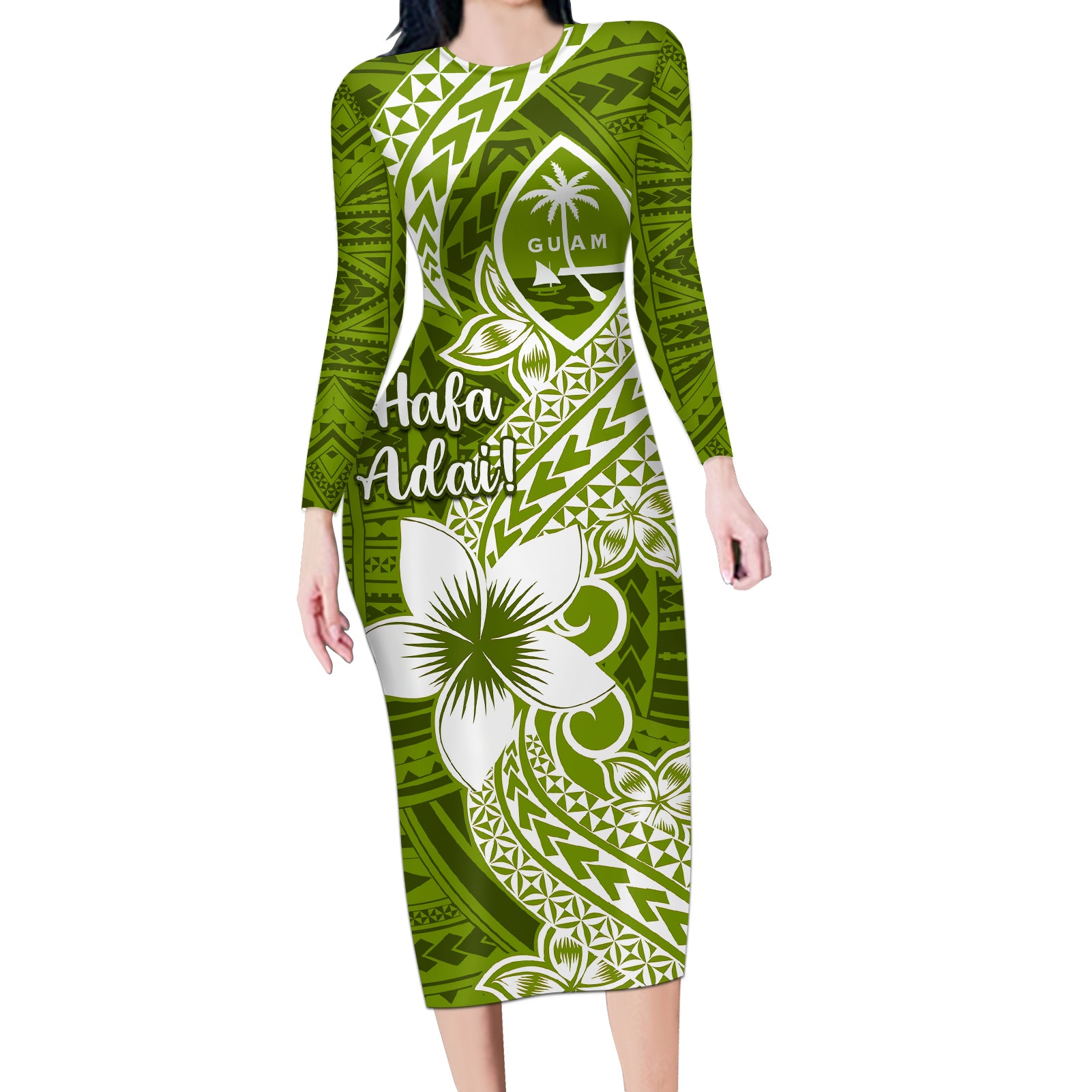 Hafa Adai Guam Long Sleeve Bodycon Dress Polynesian Olive Green Blue Pattern LT01 Long Dress Green - Polynesian Pride