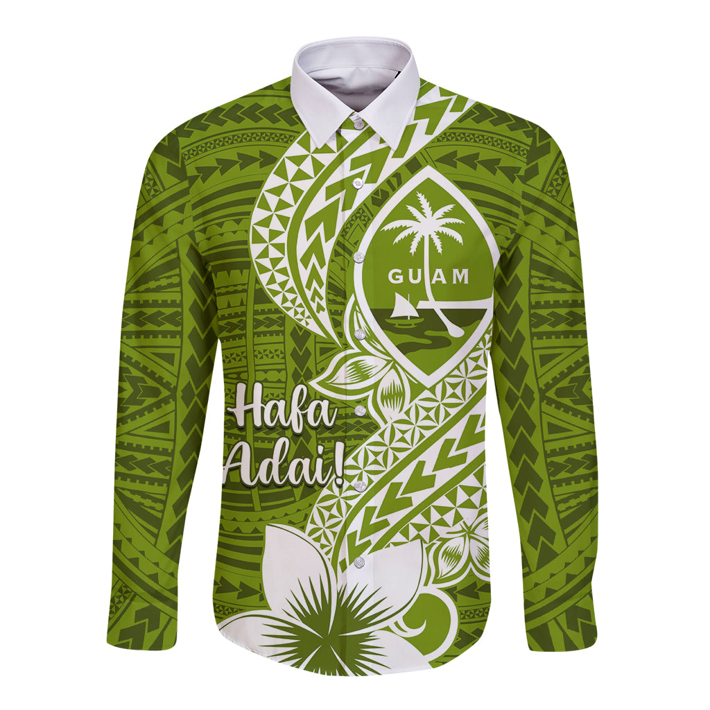 Hafa Adai Guam Long Sleeve Button Shirt Polynesian Olive Green Blue Pattern LT01 Unisex Green - Polynesian Pride