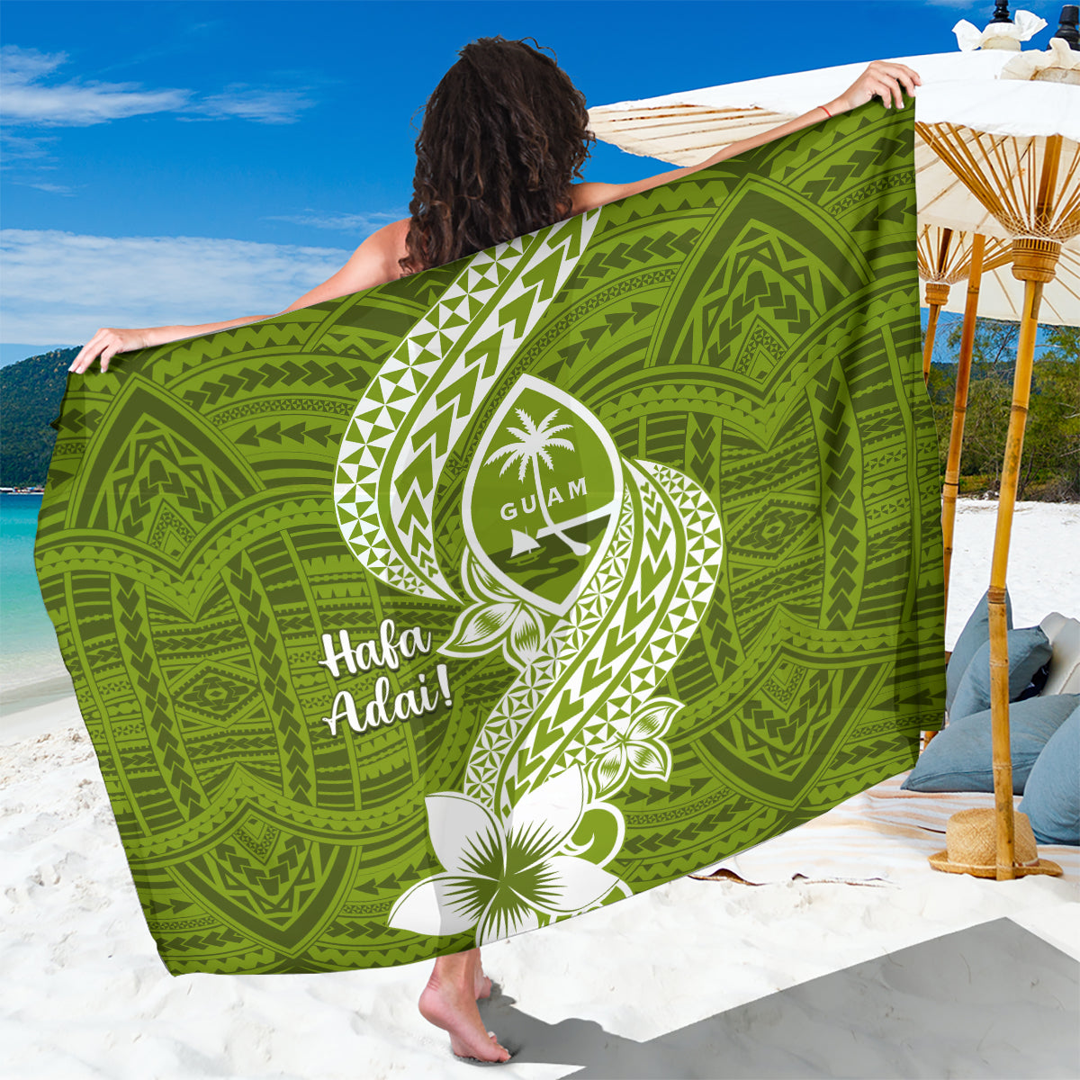 Hafa Adai Guam Sarong Polynesian Olive Green Blue Pattern LT01 One Size 44 x 66 inches Green - Polynesian Pride