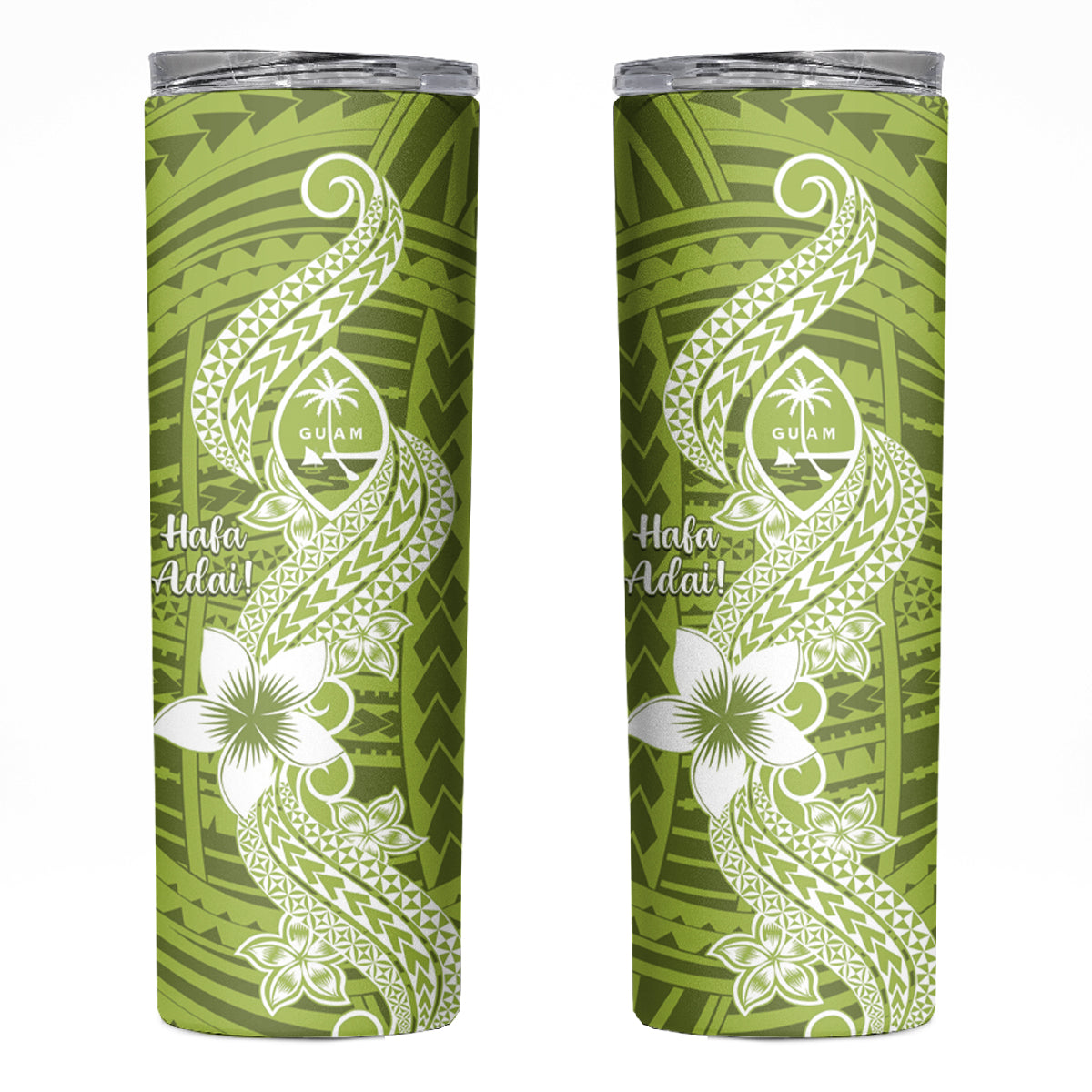 Hafa Adai Guam Skinny Tumbler Polynesian Olive Green Blue Pattern