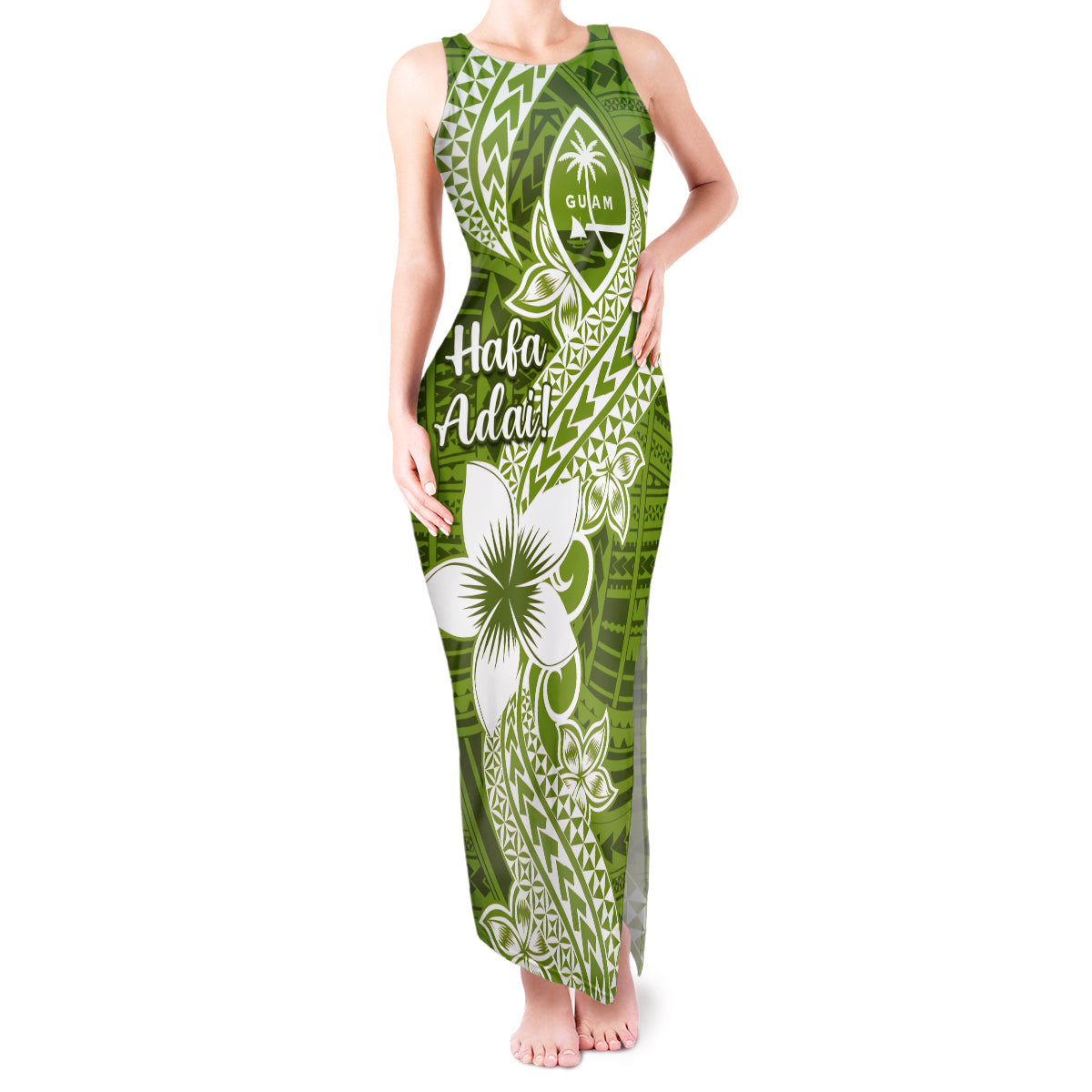 Hafa Adai Guam Tank Maxi Dress Polynesian Olive Green Blue Pattern LT01 Women Green - Polynesian Pride