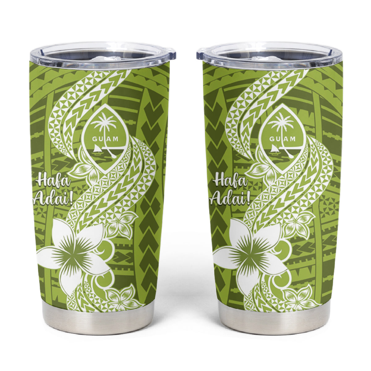 Hafa Adai Guam Tumbler Cup Polynesian Olive Green Blue Pattern