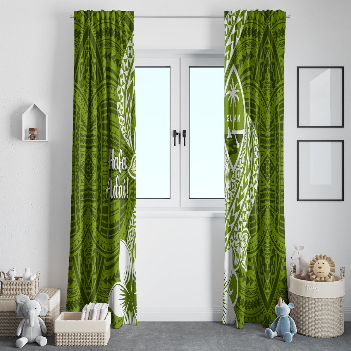 Hafa Adai Guam Window Curtain Polynesian Olive Green Blue Pattern LT01 - Polynesian Pride