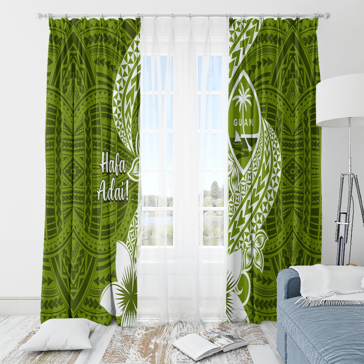 Hafa Adai Guam Window Curtain Polynesian Olive Green Blue Pattern LT01 - Polynesian Pride