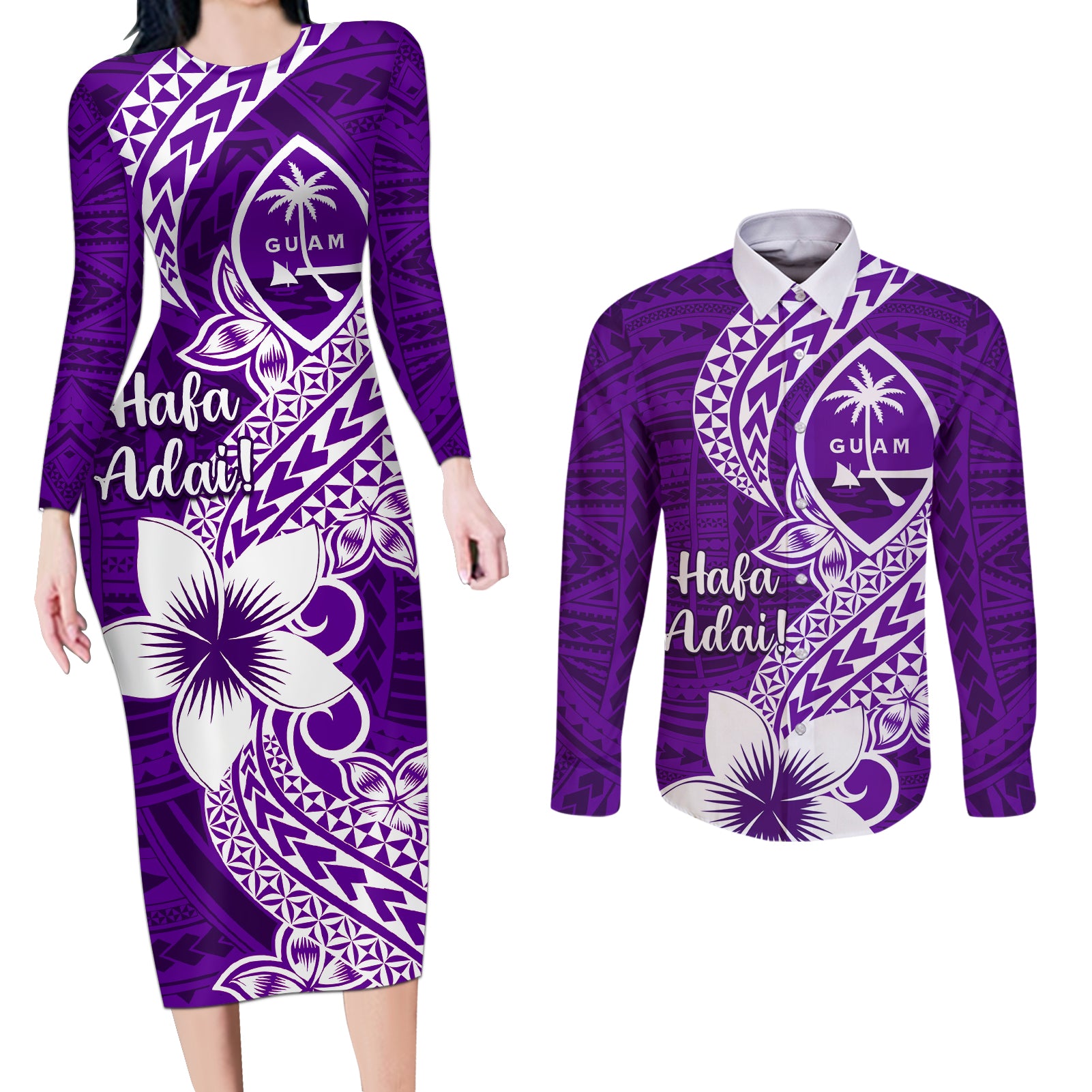 Hafa Adai Guam Couples Matching Long Sleeve Bodycon Dress and Long Sleeve Button Shirt Polynesian Floral Purple Pattern LT01 Purple - Polynesian Pride